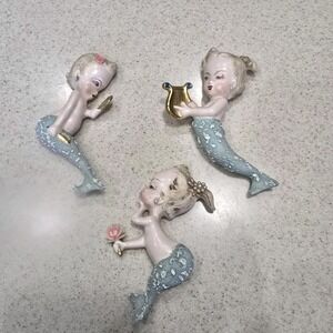 3 Vintage 50's MCM  Porcelain Dainty Detail Baby Mermaids, Textured Tails